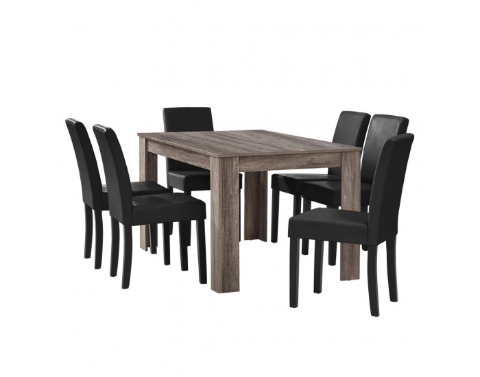 Комплект маса за хранене с 6 тапицирани стола  Nora  140 x 90 cm Дъб/Тъмнокафяв/Черен -