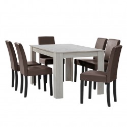 Комплект маса за хранене с 6 тапицирани стола  Nora  140 x 90 cm Дъб/Бял/Кафяв - Комплекти маси и столове