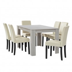 Комплект маса за хранене с 6 тапицирани стола  Nora  140 x 90 cm Дъб/Бял/Бежов - Комплекти маси и столове