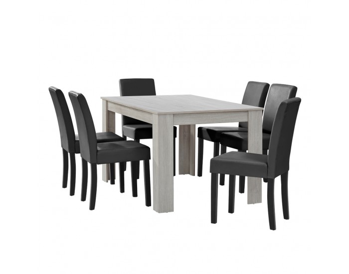 Комплект маса за хранене с 6 тапицирани стола  Nora  140 x 90 cm Дъб/Бял/Тъмносив -