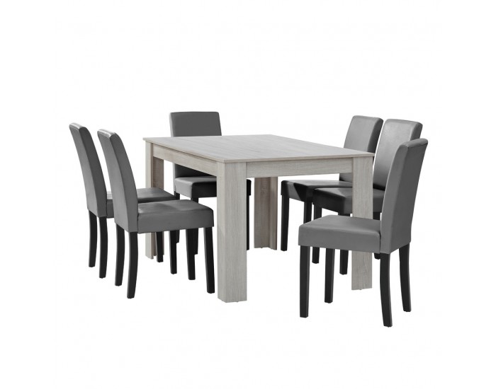Комплект маса за хранене с 6 тапицирани стола  Nora  140 x 90 cm  Дъб/Бял/Сив -