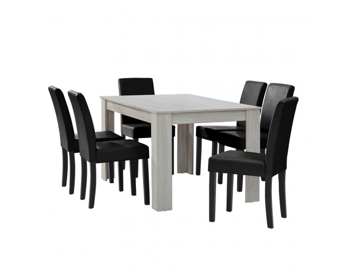 Комплект маса за хранене с 6 тапицирани стола  Nora  140 x 90 cm Дъб/Бял/Черен -
