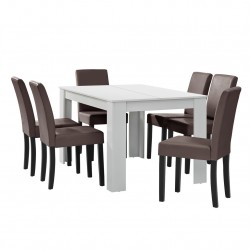 Комплект маса за хранене с 6 тапицирани стола Nora  140 x 90 cm  Бял/Кафяв - Комплекти маси и столове