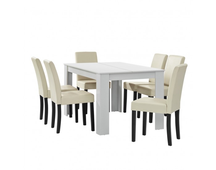 Комплект маса за хранене с 6 тапицирани стола Nora  140 x 90 cm  Бял/Бежов -