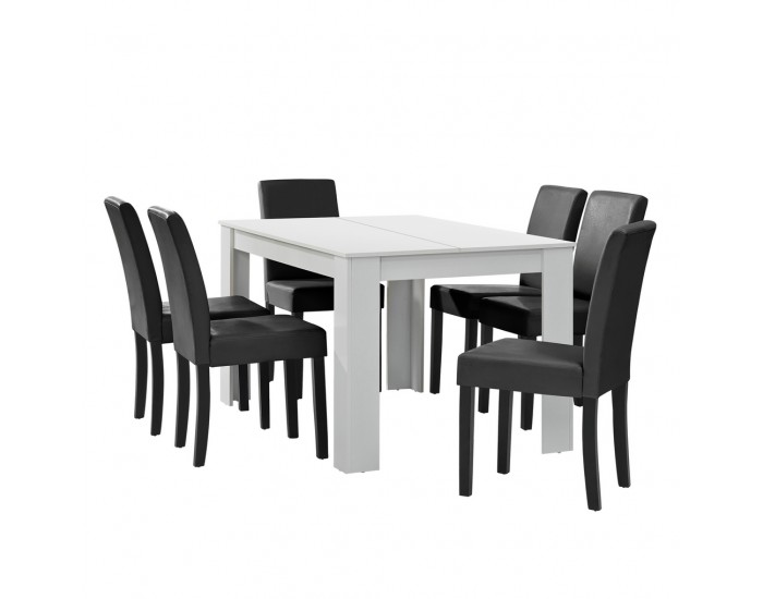 Комплект маса за хранене с 6 тапицирани стола Nora  140 x 90 cm  Бял/Тъмносив -