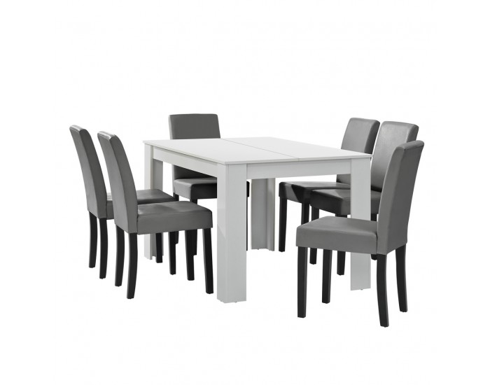Комплект маса за хранене с 6 тапицирани стола Nora  140 x 90 cm  Бял/Сив -