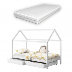 Детско креватче с 2 чекмеджета и матрак200 x 90 cm, Форма Шатра, матирано Бяло - Детски легла