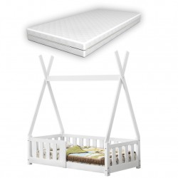Детско креватче с антиалергенен матрак и решетка 140x70cm, Бяло, Форма Шатра - Детска стая