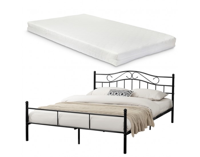 Двойно легло с метална рамка и матрак - Черно, 200 x 140 см -