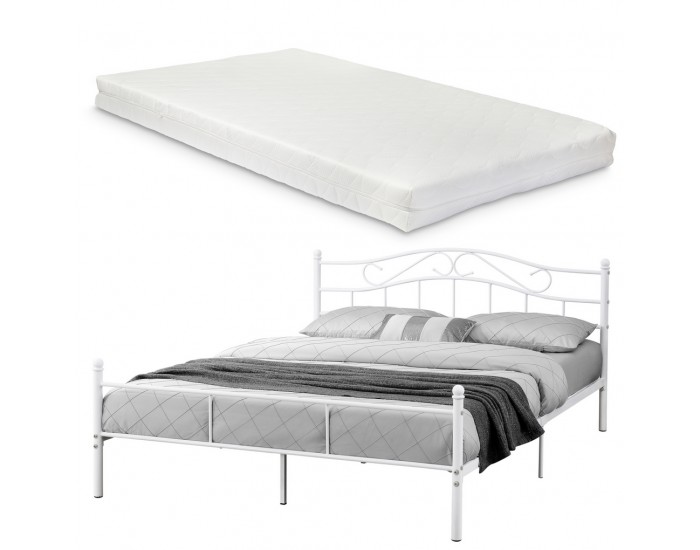 Двойно легло с метална рамка и матрак - Бяло, 200 x 140 см -