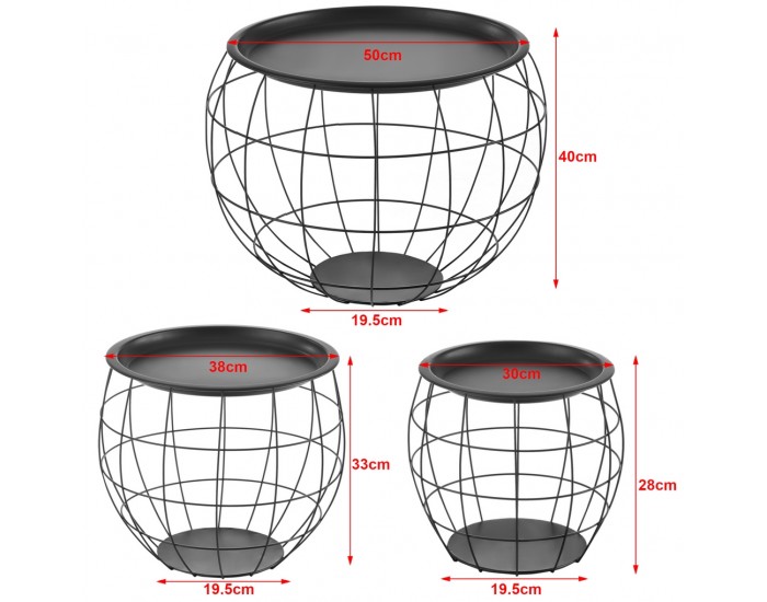 Комплект от три холни масички с подвижен плот ,Черен, Ø 50/38/30 cm -