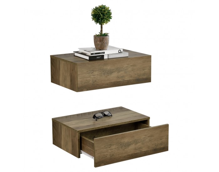 2 броя нощни шкафчета за стенен монтаж с едно чекмедже Ефект Дърво, 46x30x15cm -