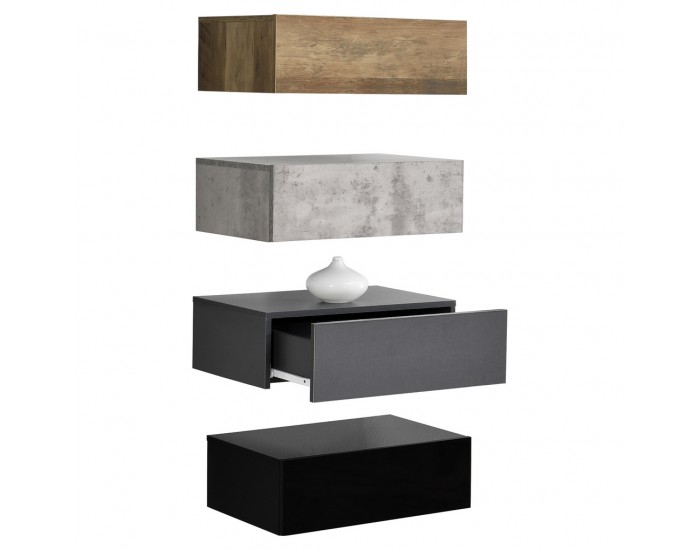 4 броя нощни шкафчета за стенен монтаж с едно чекмедже Дърво/Бетон/Тъмносив/Черен, 46x30x15cm -