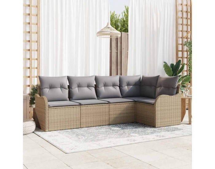 Сет от 5 части за градински диван с възглавници Бежов полиратан