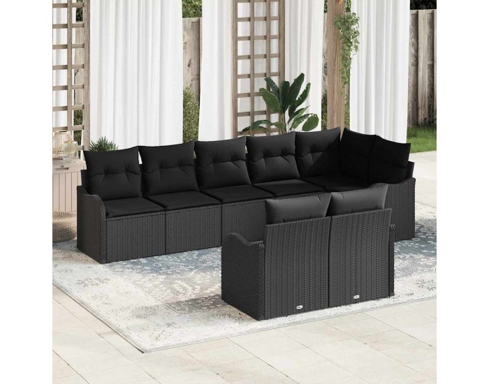 Комплект от 8 части градински диван с възглавници Черен полиратан