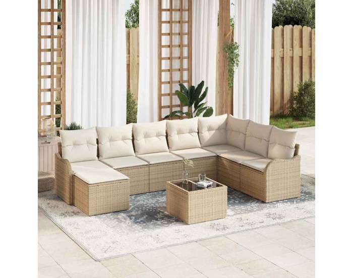 Комплект от 9 Части Градински Диван с Възглавници Кафяв Поли Ратан