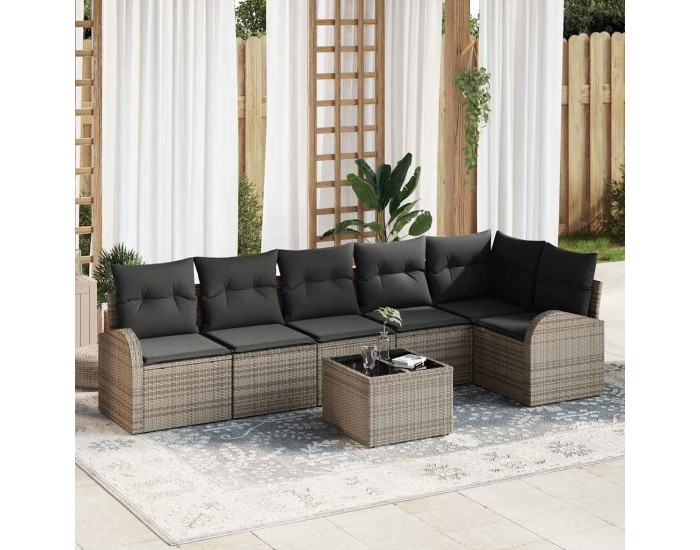 Sonata H Комплект от 6 части Градински Диван с Възглавници Черен Полиестерен Ратан