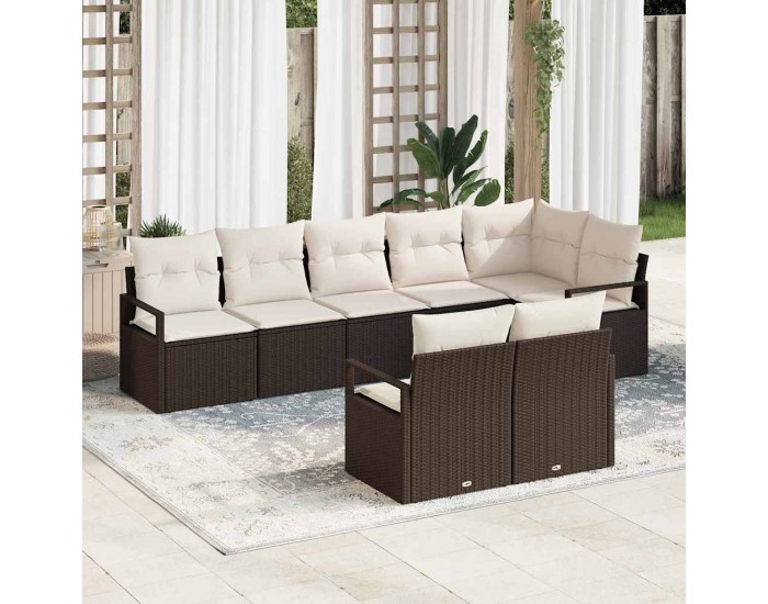 Комплект от 8 части градински дивани с възглавници Кафяв Полиестерен ратан