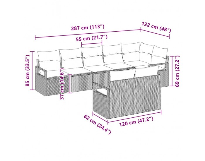Комплект от 8 части градински дивани с възглавници Кафяв Полиестерен ратан
