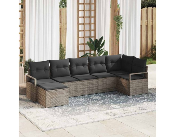 Комплект от 7 части градински диван с възглавници сиво полиротан