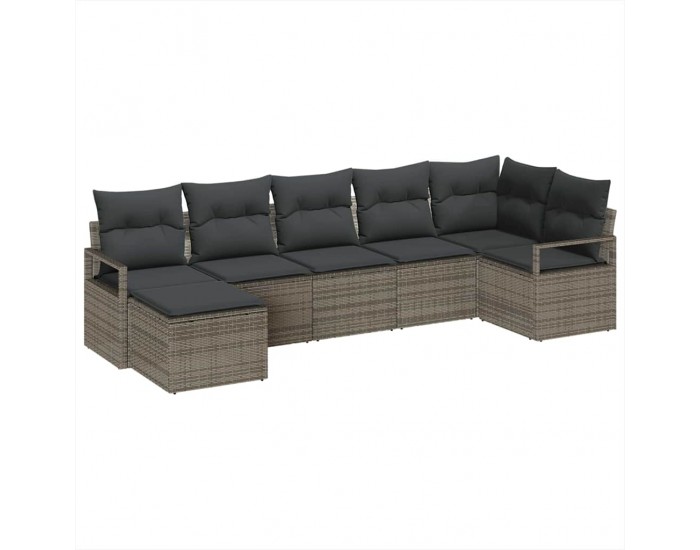 Комплект от 7 части градински диван с възглавници сиво полиротан