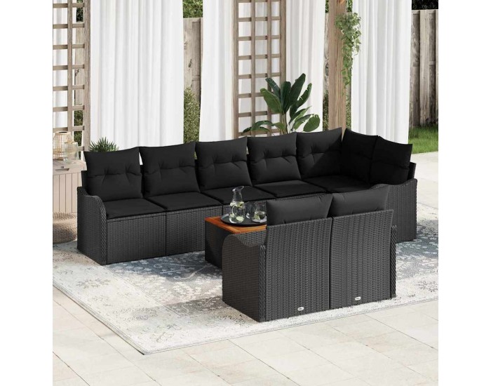Комплект от 9 Части Градински Диван с Възглавници Черен Полиратан Акация