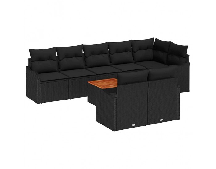 Комплект от 9 Части Градински Диван с Възглавници Черен Полиратан Акация