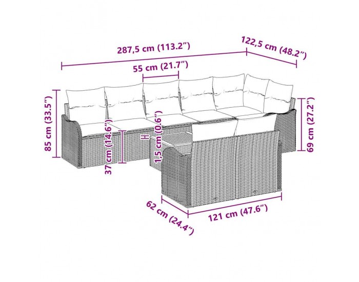 Комплект от 9 Части Градински Диван с Възглавници Черен Полиратан Акация