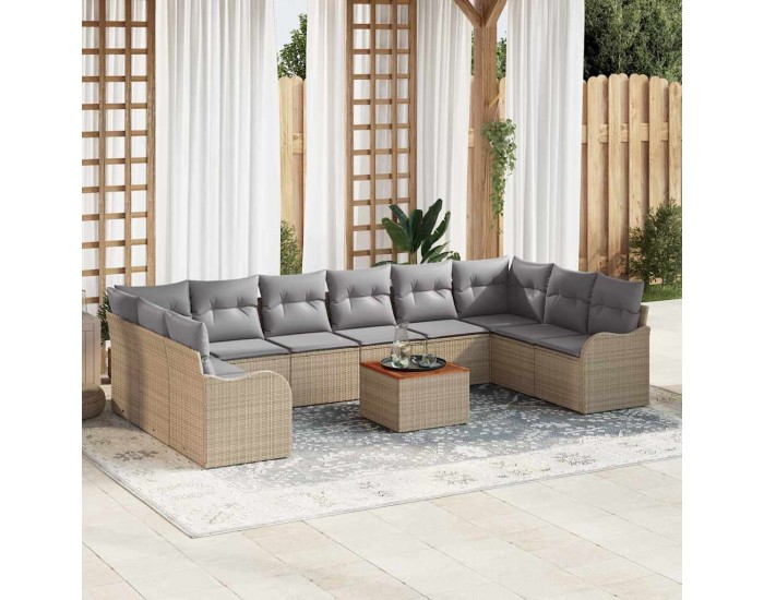 Комплект Диван за Градина Sonata H от 11 Части с Възглавници Бежов Полиратан Акация