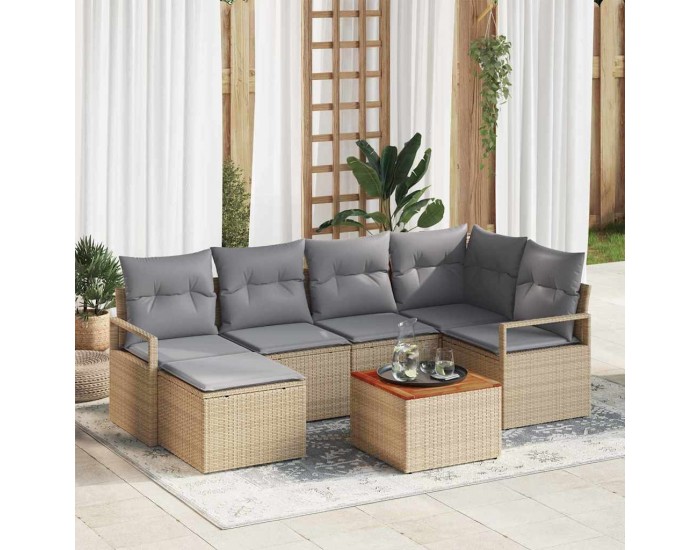 7 Часов Градински Диван Комплект с Възглавници Бежов Полирален Ратан Акация