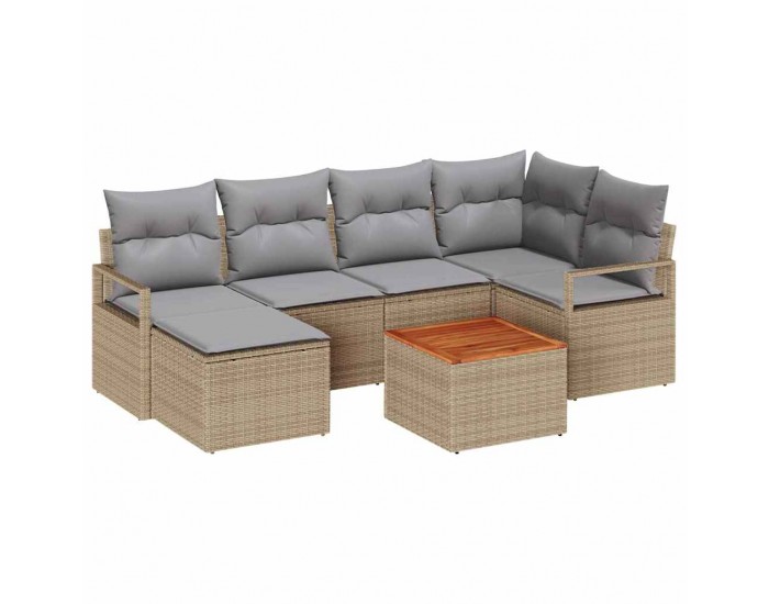 7 Часов Градински Диван Комплект с Възглавници Бежов Полирален Ратан Акация