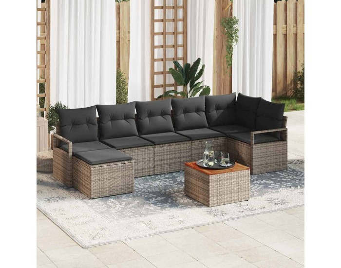 Сет за градински диван с 8 части с възглавници сив полиратан акация