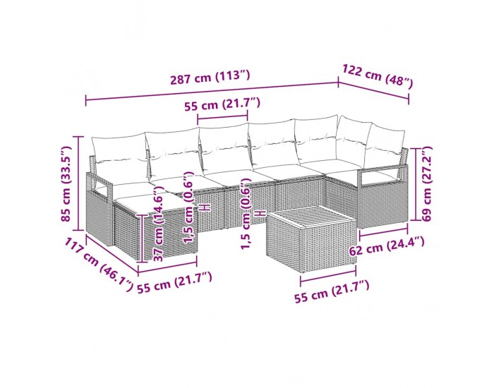 Сет за градински диван с 8 части с възглавници сив полиратан акация