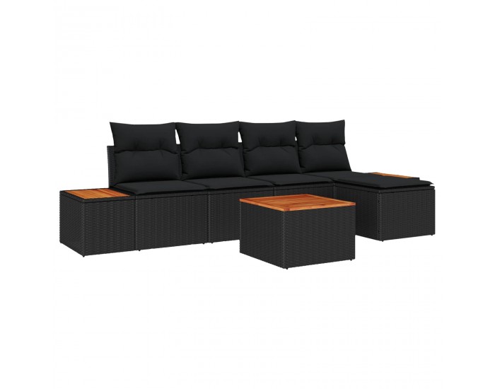 Sonata H комплект от 6 части градински диван с възглавници Черен полиратан акация