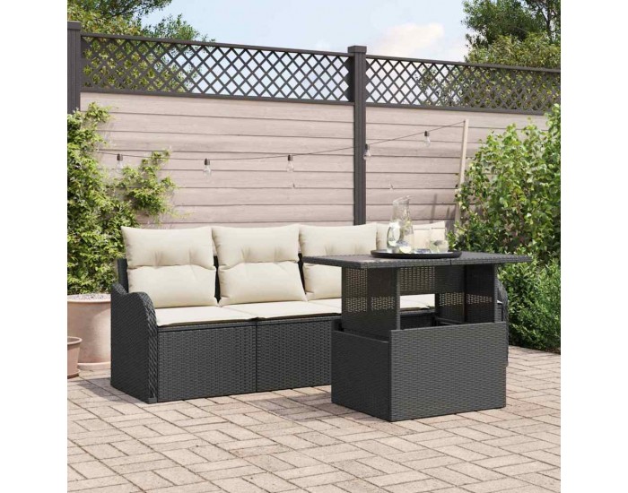 5 части градински диван с възглавници Черен ратан