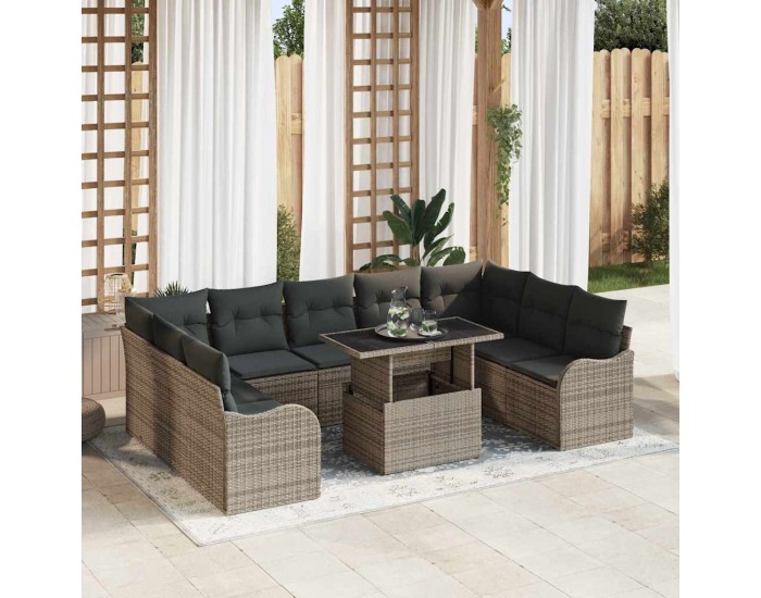 Комплект градински дивани Sonata H от 10 части с възглавници в сив поли ратан