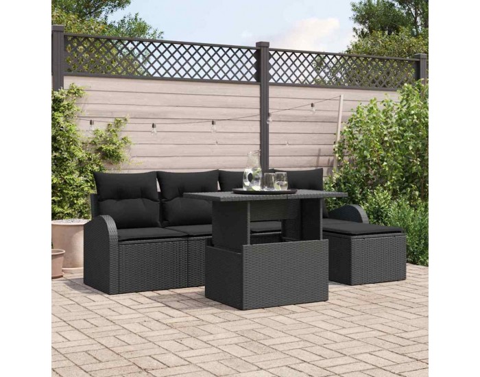 Sonata H комплект от 6 части градински диван с възглавници черен полиратан