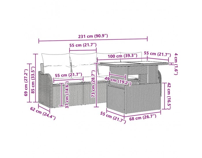 Sonata H комплект от 6 части градински диван с възглавници черен полиратан