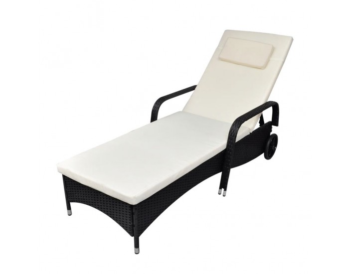 Sonata Шезлонг с шалте и колелца, полиратан, черен -