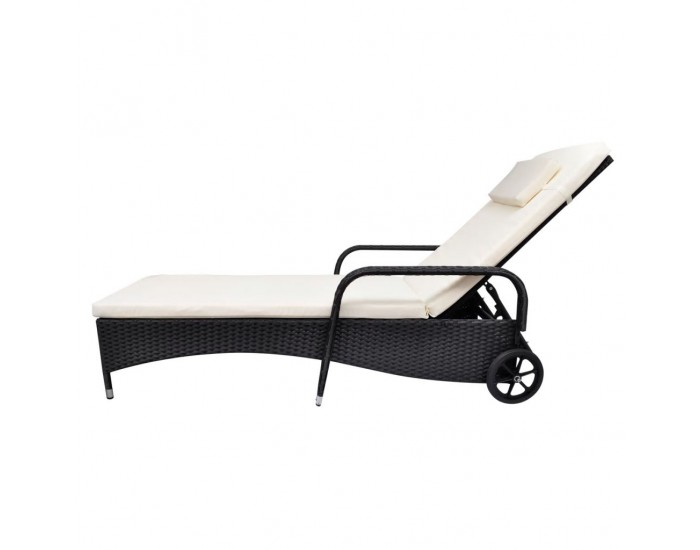 Sonata Шезлонг с шалте и колелца, полиратан, черен -