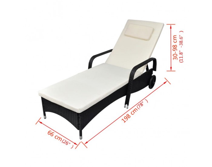 Sonata Шезлонг с шалте и колелца, полиратан, черен -