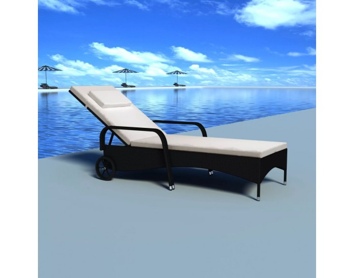 Sonata Шезлонг с шалте и колелца, полиратан, черен -
