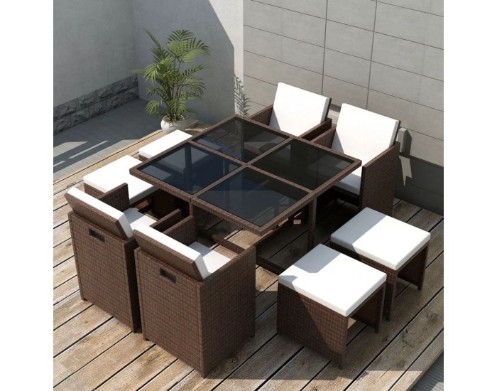 Sonata Градински комплект с възглавници, 9 части, кафяв полиратан -