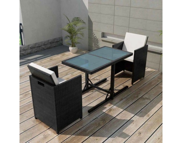 Sonata Бистро комплект, 3 части, с възглавници, черен полиратан -