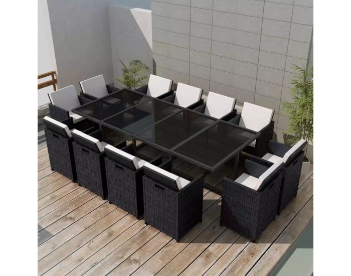 Sonata Градински комплект с възглавници, 13 части, черен полиратан -