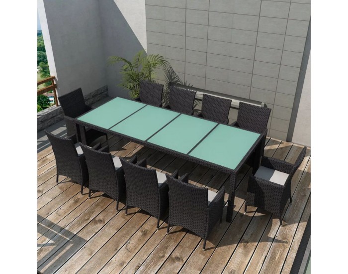 Sonata Градински комплект с възглавници, 11 части, черен полиратан -