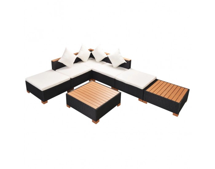 Sonata Градински комплект с възглавници, 7 части, черен полиратан -