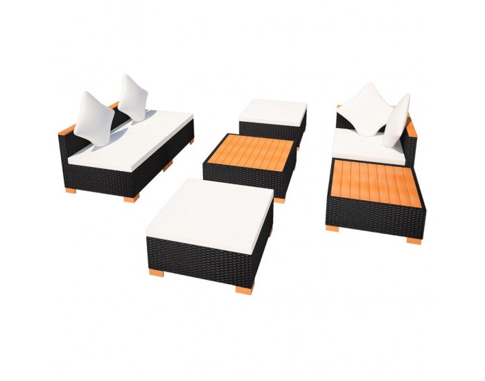 Sonata Градински комплект с възглавници, 7 части, черен полиратан -