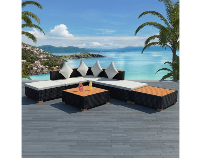 Sonata Градински комплект с възглавници, 7 части, черен полиратан -