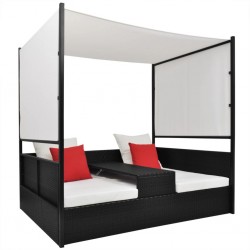 Sonata Градинско легло с балдахин, черно, 190x130 см, полиратан - Градински Дивани и Пейки